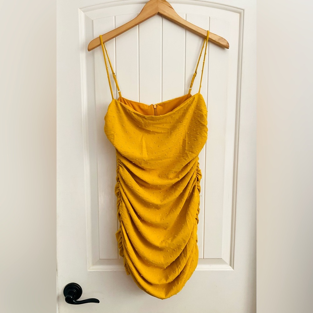 RUMER Delilah Clip Dot Ruched Minidress in Yellow Size Small NWT Mini Dress